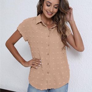 BOTHENIAL Women Button Down Short Sleeved Shirt, chenille style dots size S